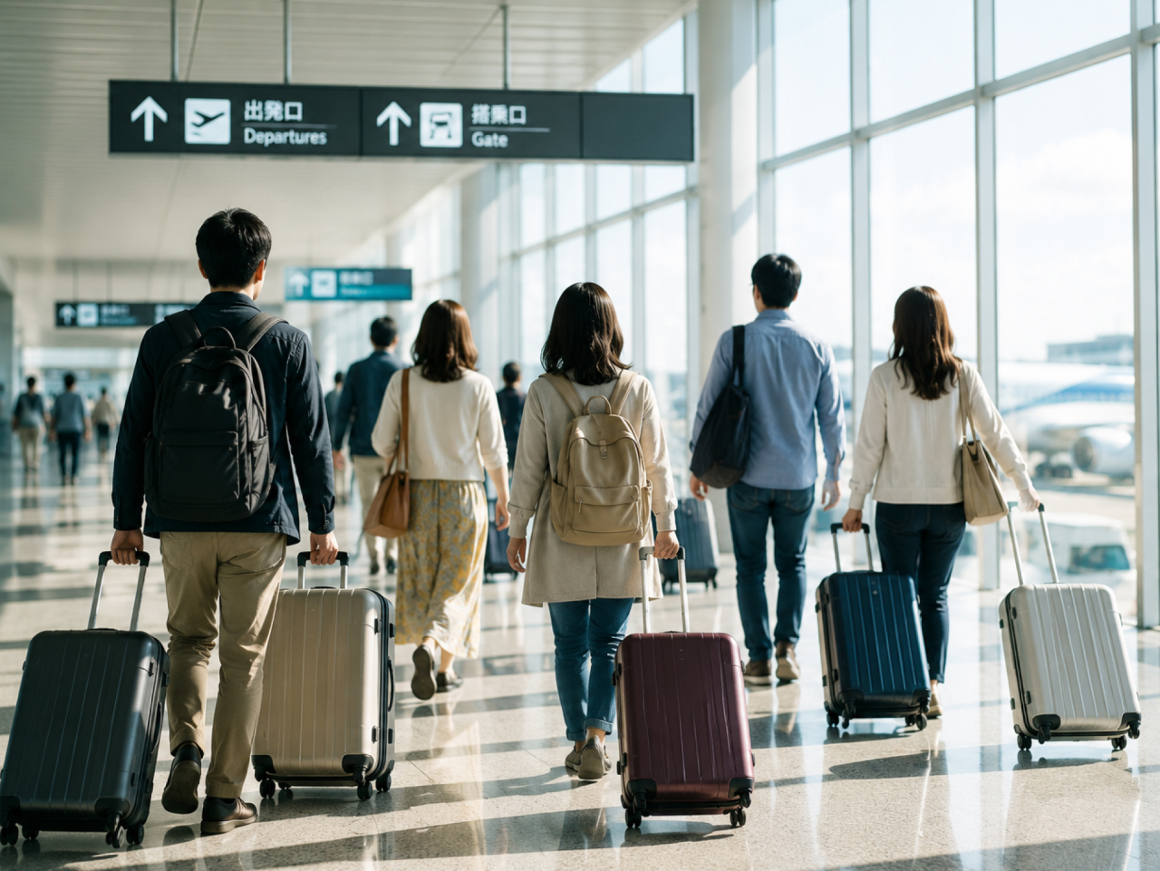 スーツケースを持って空港内を移動する旅行者