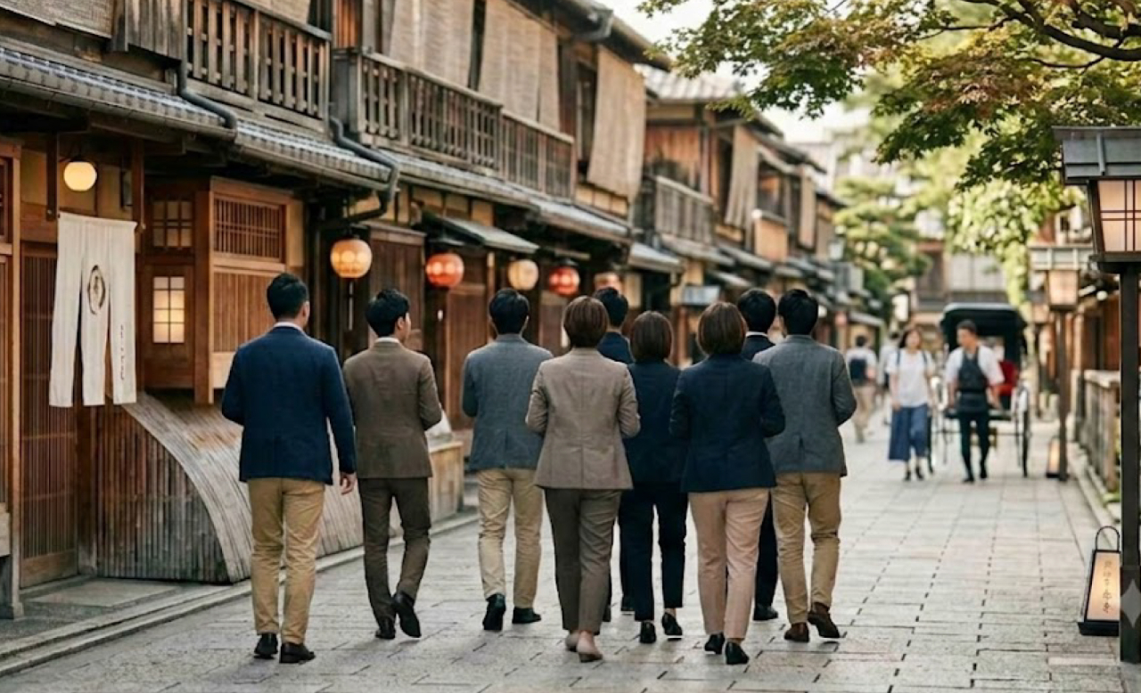 古い街並みを歩いて観光する団体旅行の参加者
