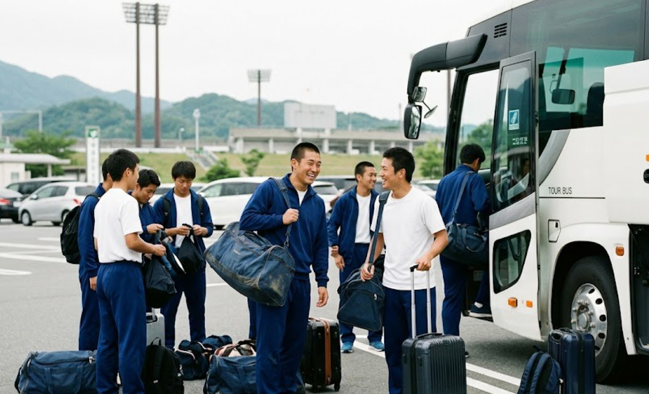 貸切バスの前で荷物を持って移動するスポーツチームの参加者