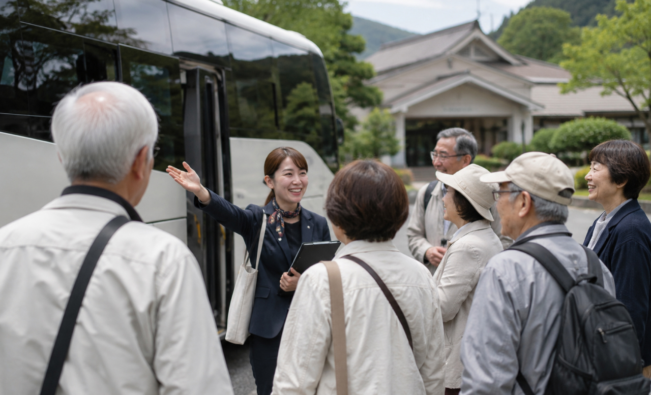 旅行スタッフが団体旅行の参加者を案内している様子