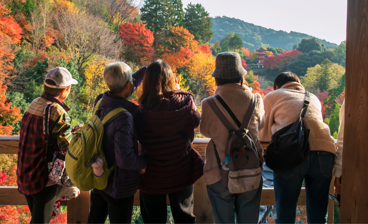 紅葉の景色を眺める旅行者のグループ
