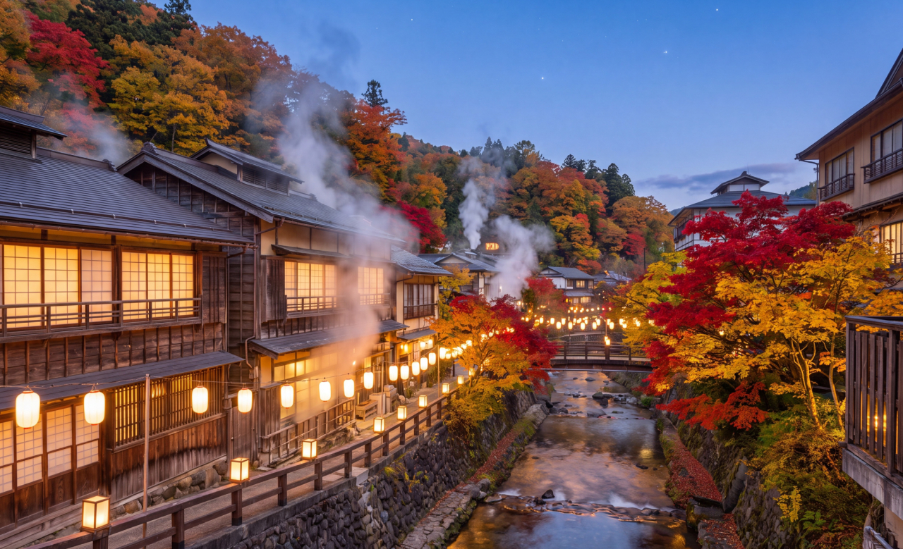紅葉に彩られた温泉街の風景