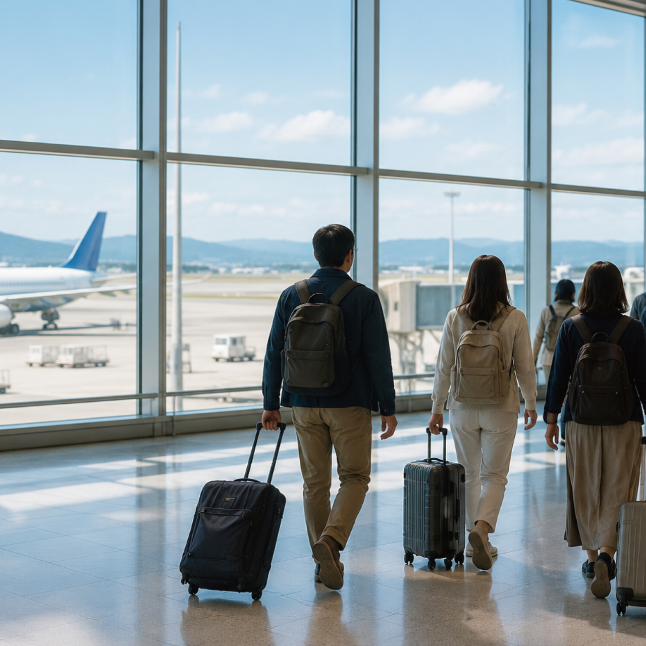 空港内をスーツケースを持って移動する旅行者